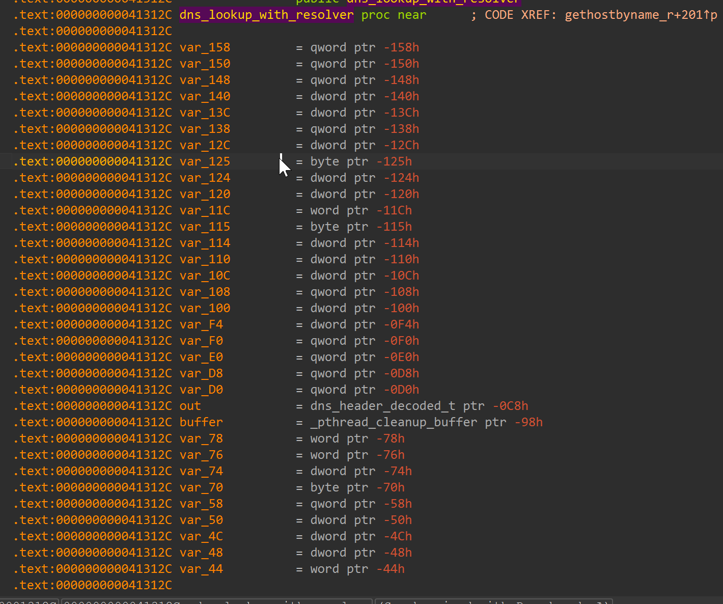 `__dns_lookup` assembly (`0x41312c`)