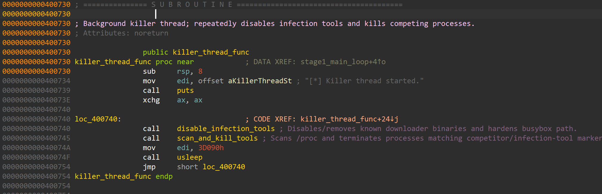 `killer_thread_func` assembly (`0x400730`)