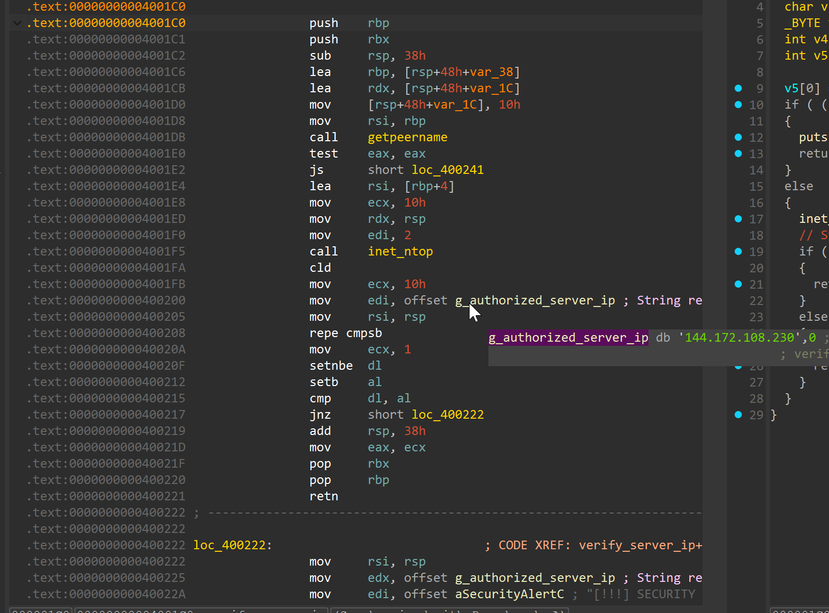 `verify_server_ip` assembly (`0x4001c0`)