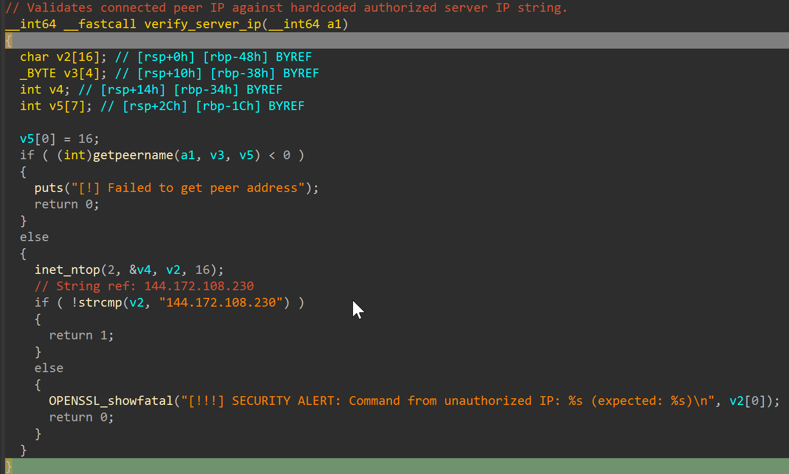 `verify_server_ip` pseudocode (`0x4001c0`)