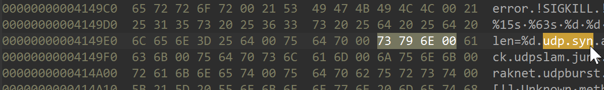 Method tokens (`udp/syn/ack/raknet/udpslam/junk/udpburst`) at `0x4149e7`