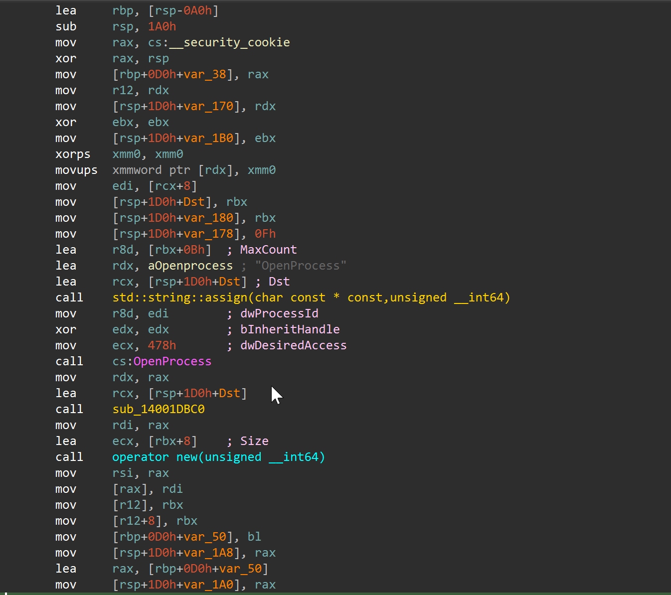 OpenProcess call site in Sample B with dwDesiredAccess = 0x478
